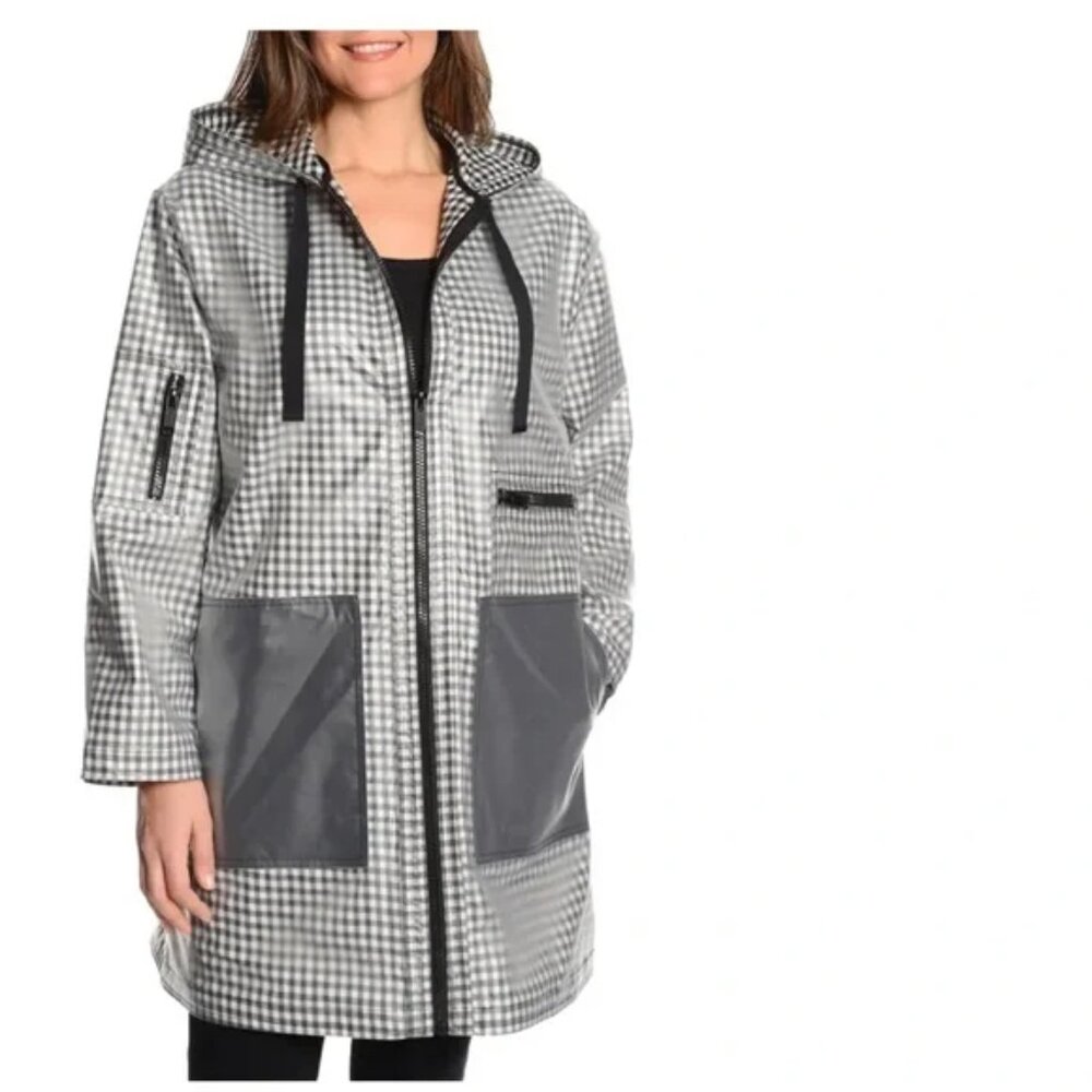 RACHEL Rachel Roy Rubberized Gingham Raincoat Womens Size S